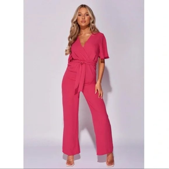 Pants - Pink Short Sleeve V-Neck Loose Fit Wide Leg Jumpsuit Playsuit